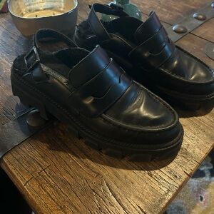 Kelsi Dagger Black Leather Lug-Sole Penny Loafer Mules